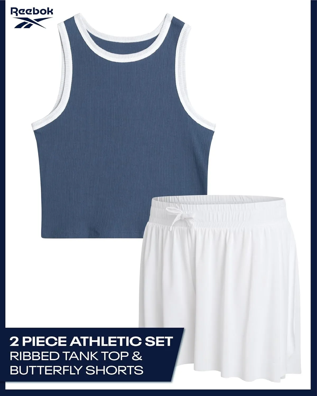 Reebok Girls' Active Shorts Set - 2 Piece Ribbed Knit Sleeveless Tank Top and Butterfly Shorts with Drawstring (Sizes: 7-12)