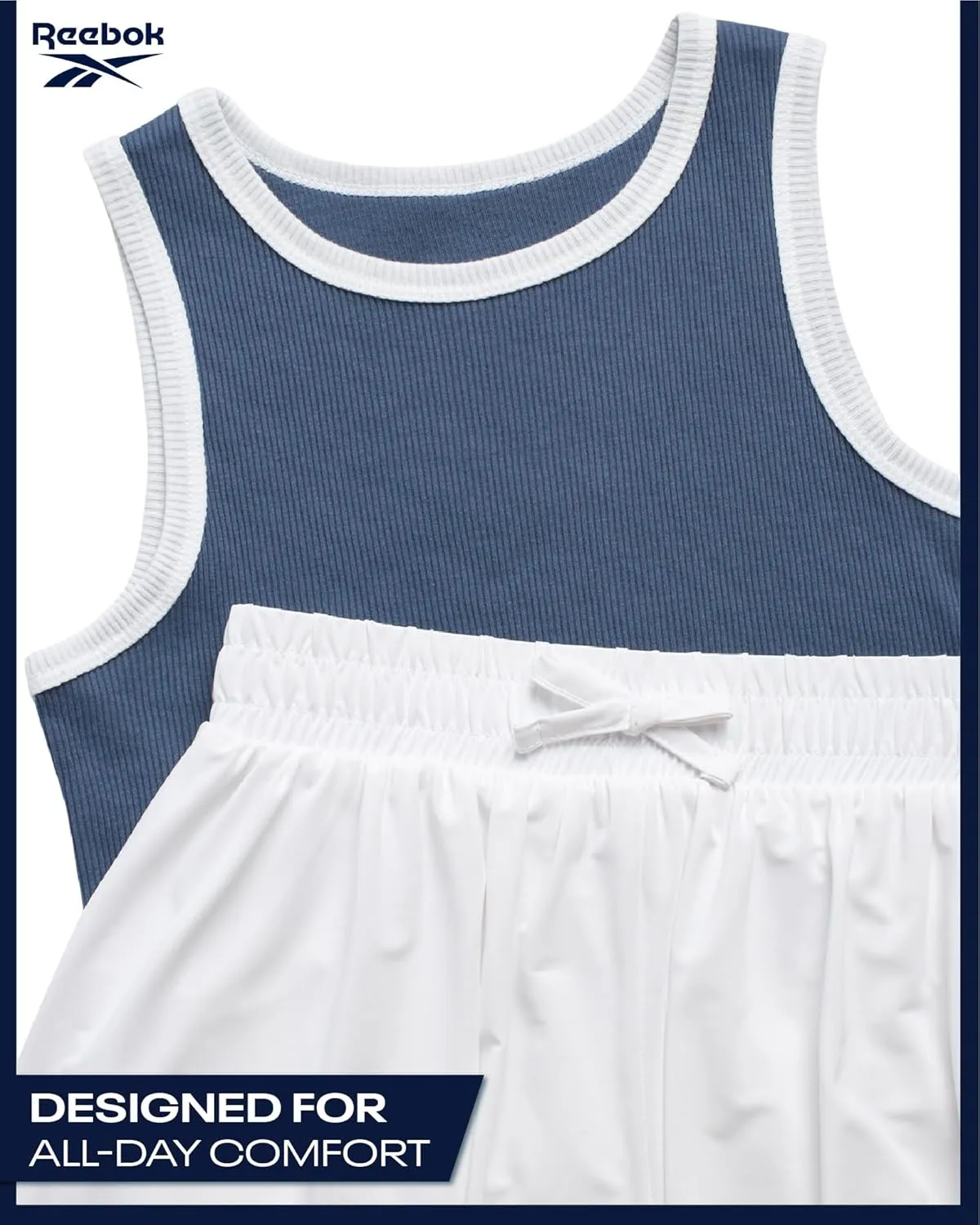 Reebok Girls' Active Shorts Set - 2 Piece Ribbed Knit Sleeveless Tank Top and Butterfly Shorts with Drawstring (Sizes: 7-12)