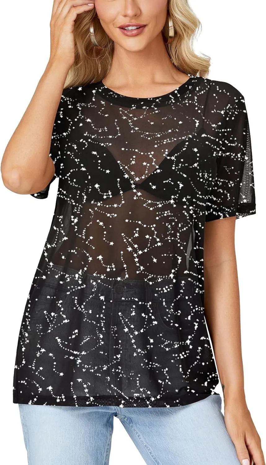 Rooscier Women's Sheer Mesh Short Sleeve Round Neck See Through Sexy Blouse Shirt Top