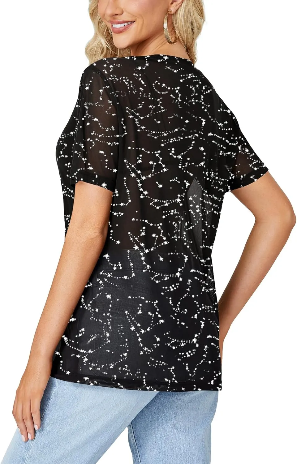 Rooscier Women's Sheer Mesh Short Sleeve Round Neck See Through Sexy Blouse Shirt Top