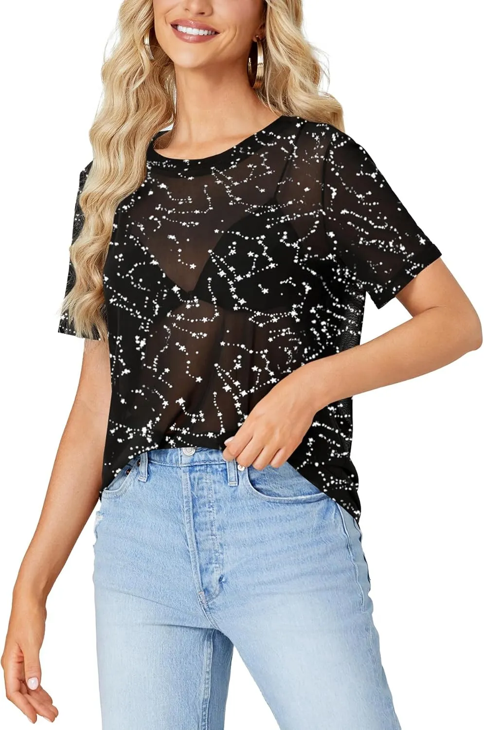 Rooscier Women's Sheer Mesh Short Sleeve Round Neck See Through Sexy Blouse Shirt Top