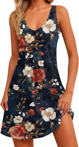 Summer Dresses for Women V Neck Beach Swimsuit Coverup 2025 Sleeveless Dress with Pocket Printed Vacation Sundress