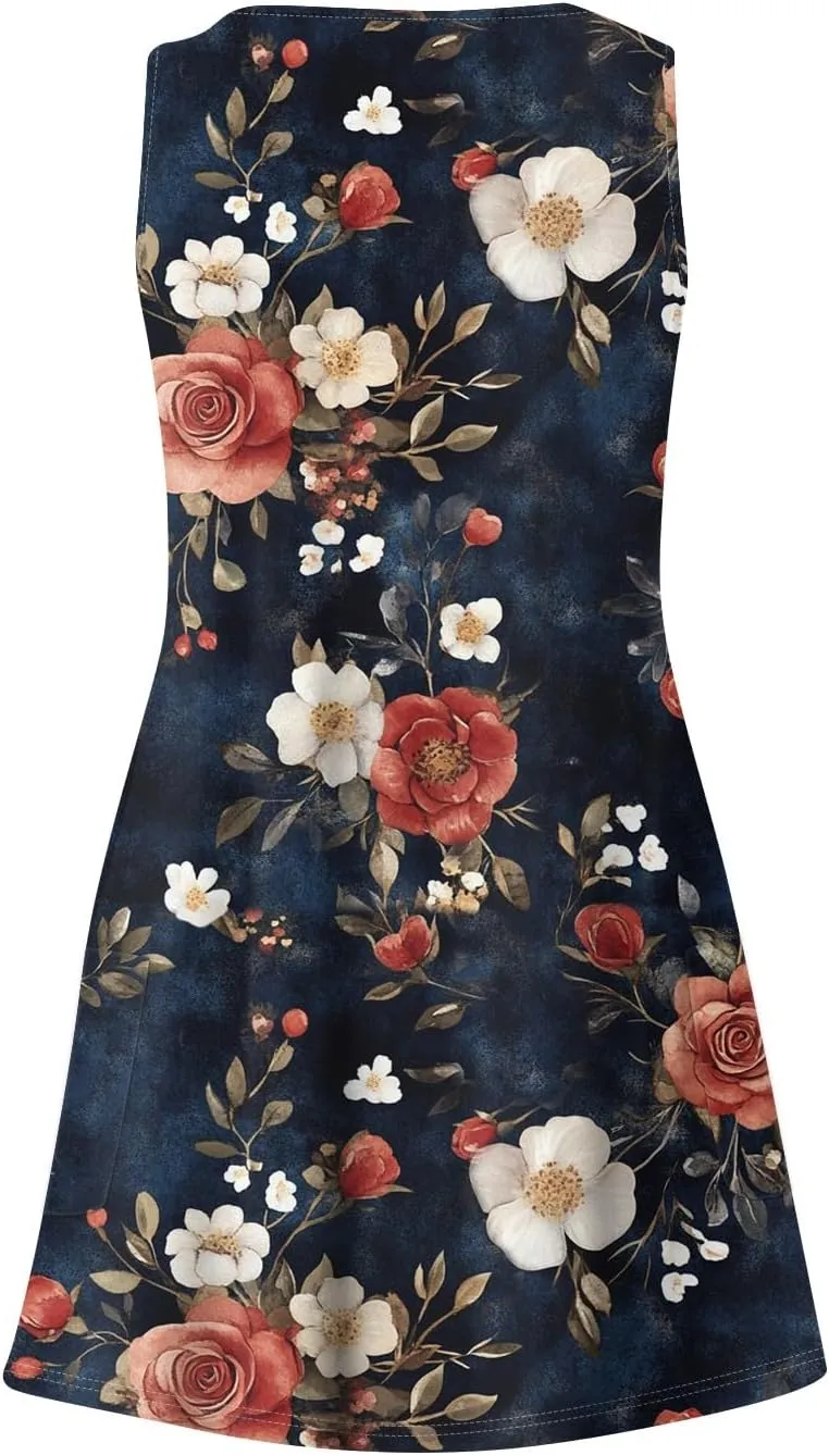Summer Dresses for Women V Neck Beach Swimsuit Coverup 2025 Sleeveless Dress with Pocket Printed Vacation Sundress