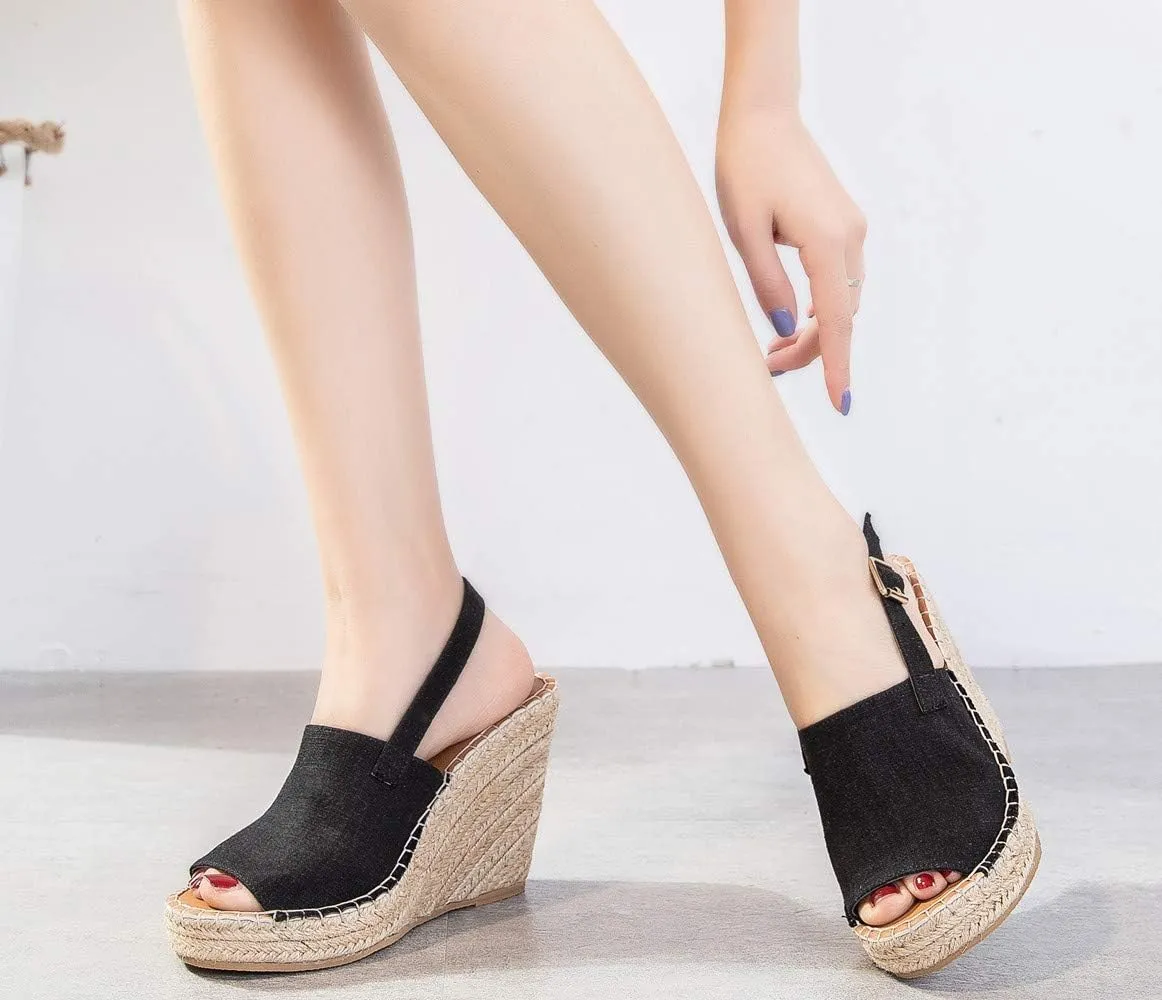 U-lite Women's Ladies Fashion Casual Peep Toe Espadrille Wedges Sandals Ankle Buckle High Platform Roman Shoes