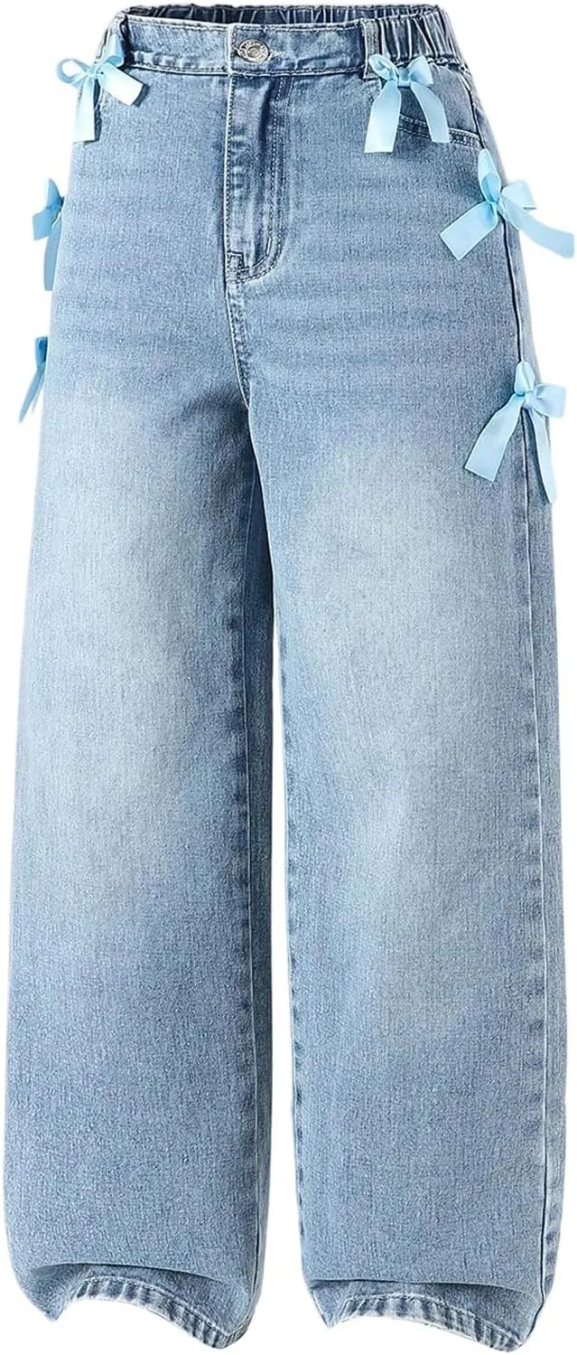 WDIRARA Girl's Cute Bowknot Elastic Waist Jeans High Waisted Straight Leg Denim Pants