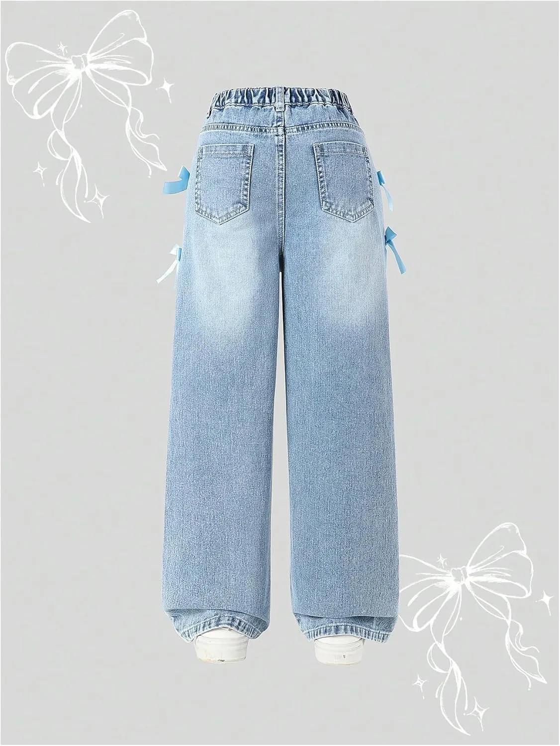 WDIRARA Girl's Cute Bowknot Elastic Waist Jeans High Waisted Straight Leg Denim Pants