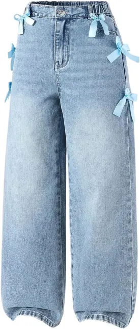 WDIRARA Girl's Cute Bowknot Elastic Waist Jeans High Waisted Straight Leg Denim Pants
