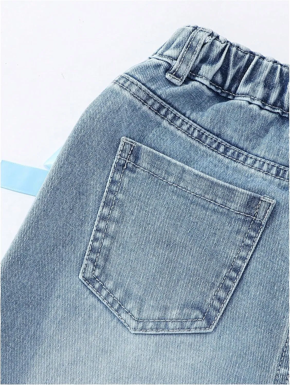 WDIRARA Girl's Cute Bowknot Elastic Waist Jeans High Waisted Straight Leg Denim Pants
