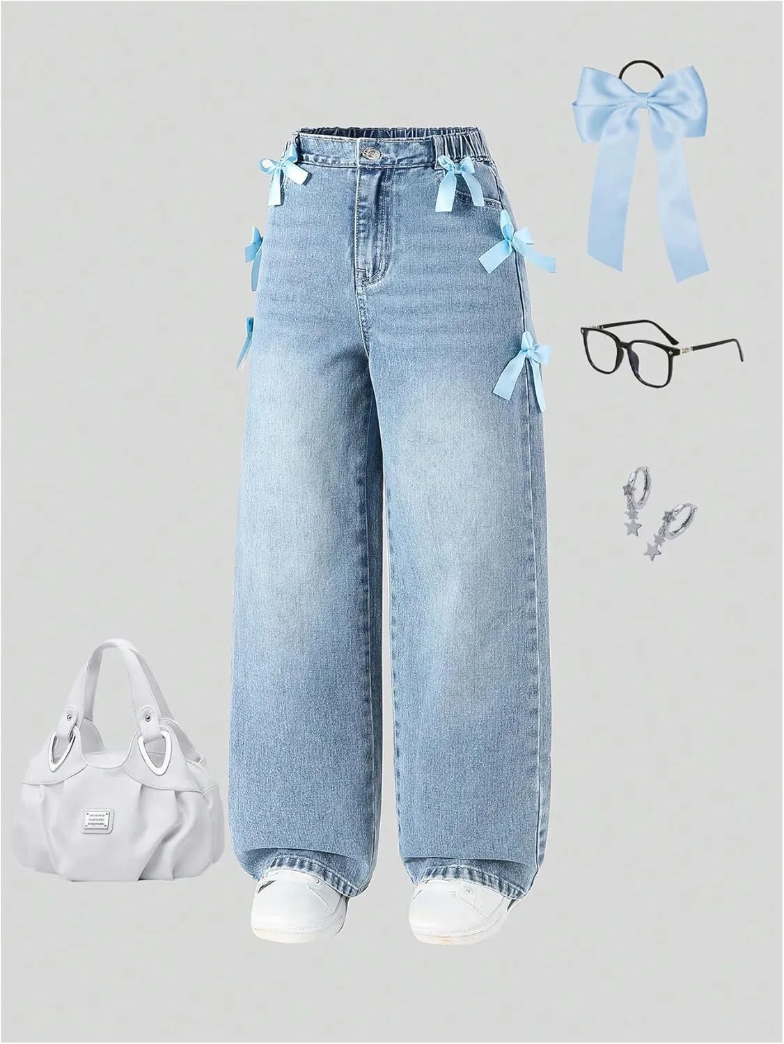 WDIRARA Girl's Cute Bowknot Elastic Waist Jeans High Waisted Straight Leg Denim Pants