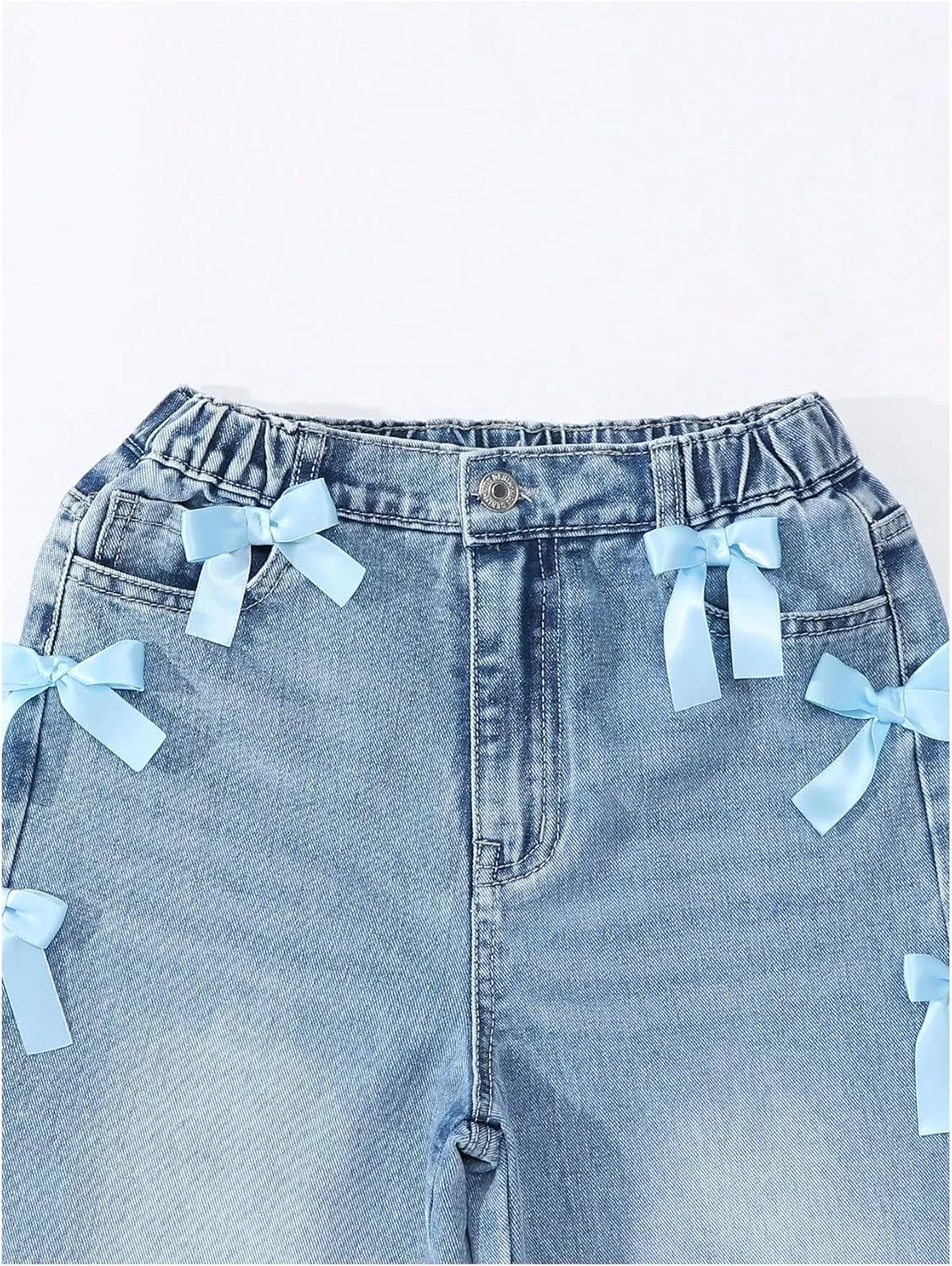 WDIRARA Girl's Cute Bowknot Elastic Waist Jeans High Waisted Straight Leg Denim Pants