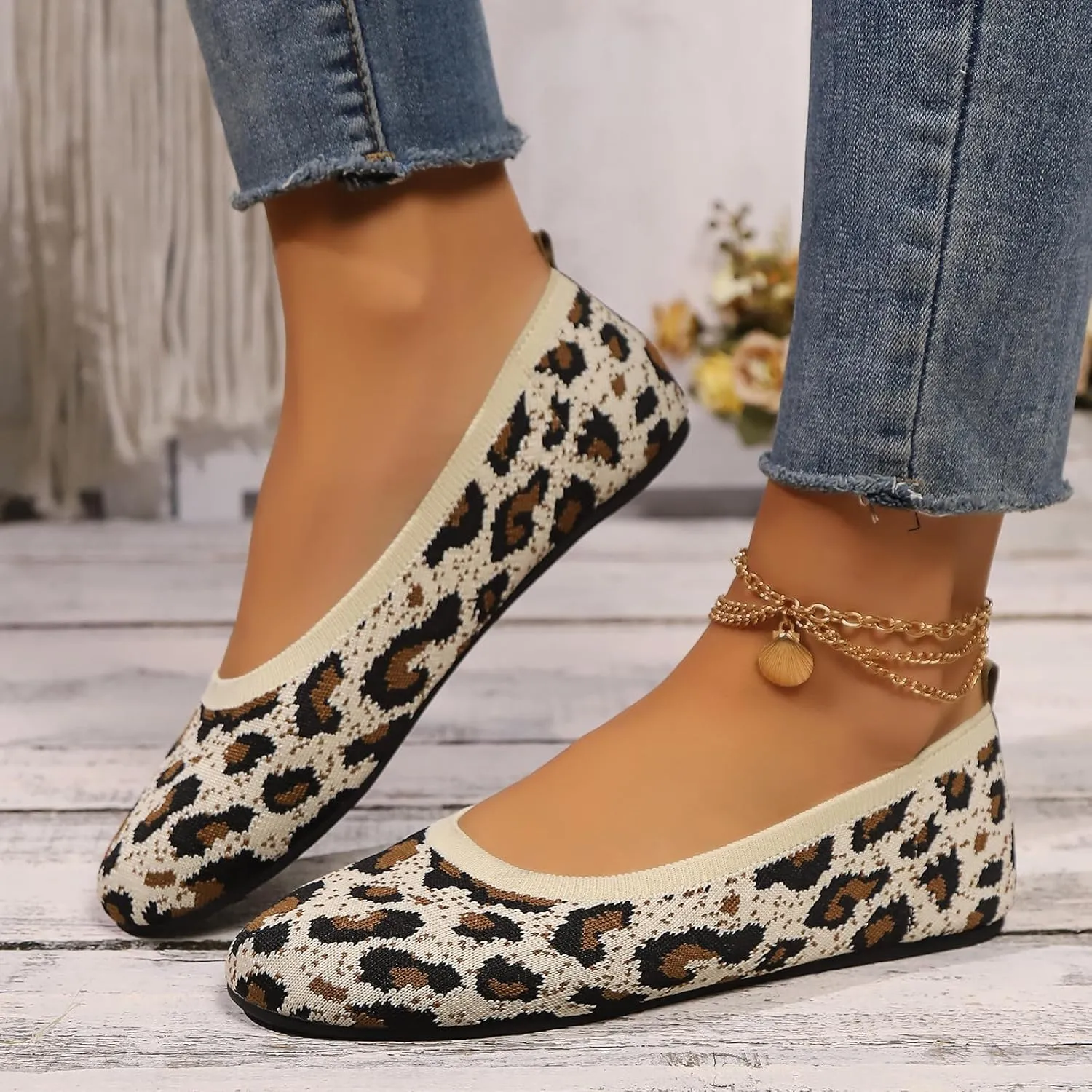 Womens Ballet Flat Shoes Knit Shoes Round Toe Slip On Ballerina Walking Flats Shoes Black Leopard Comfortable Shoes