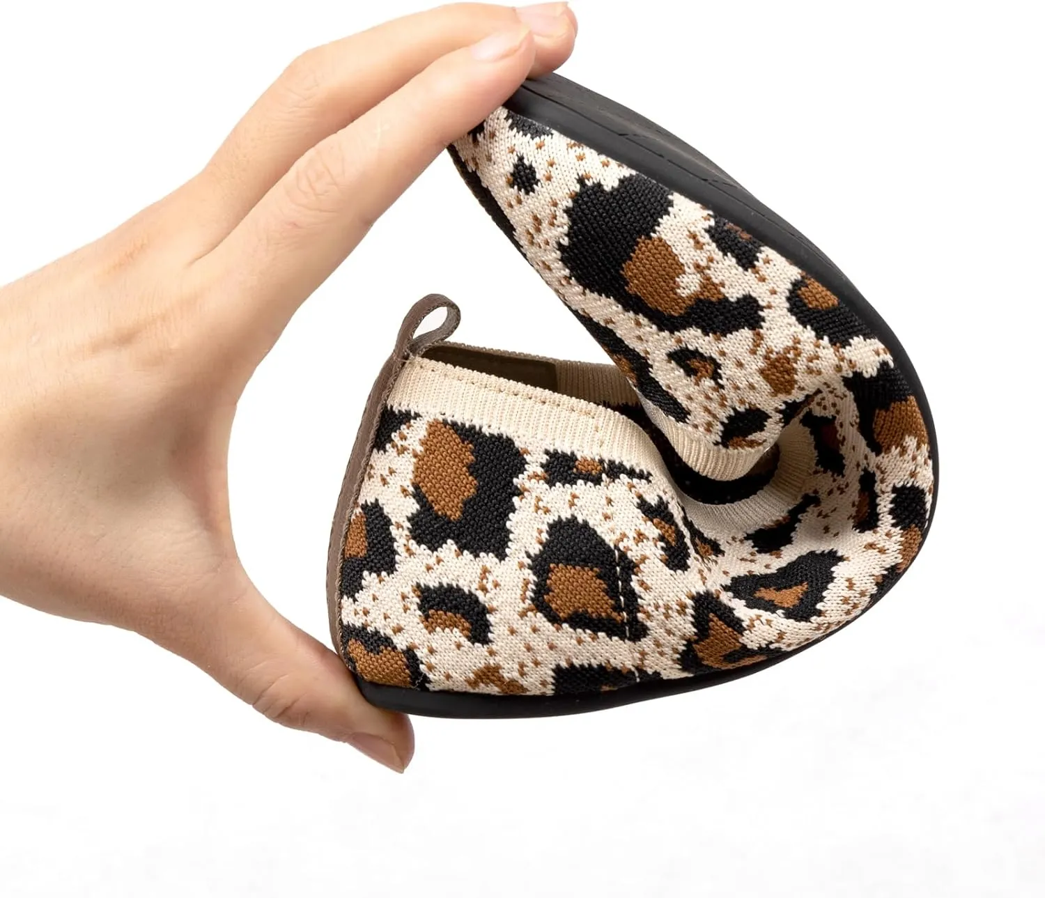 Womens Ballet Flat Shoes Knit Shoes Round Toe Slip On Ballerina Walking Flats Shoes Black Leopard Comfortable Shoes