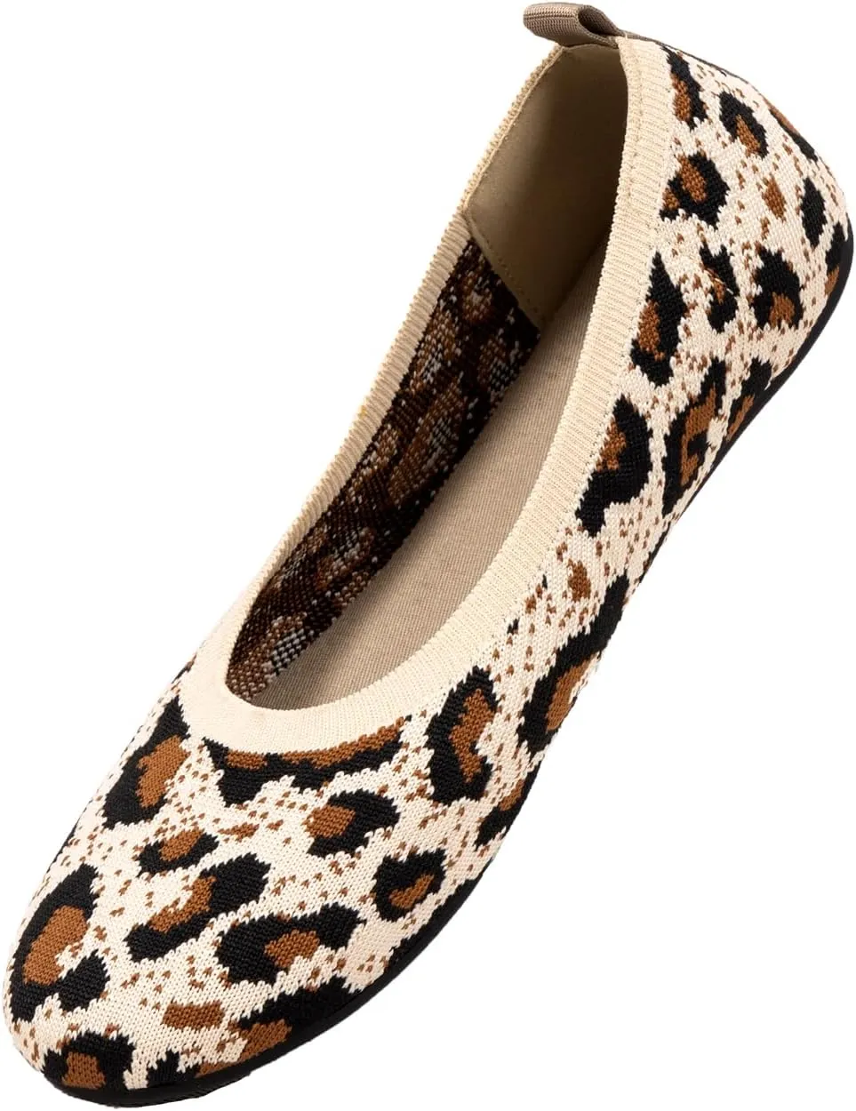 Womens Ballet Flat Shoes Knit Shoes Round Toe Slip On Ballerina Walking Flats Shoes Black Leopard Comfortable Shoes