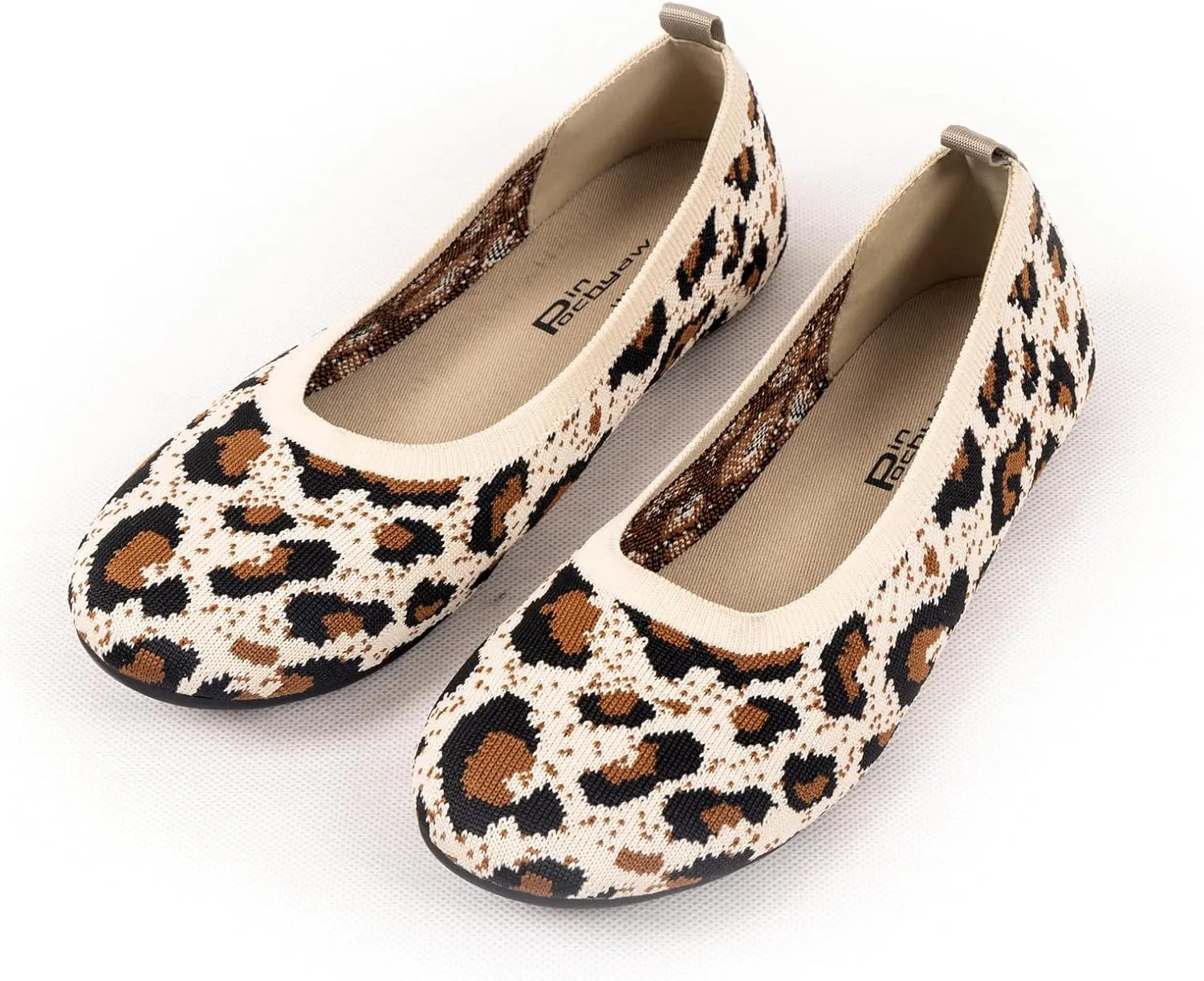 Womens Ballet Flat Shoes Knit Shoes Round Toe Slip On Ballerina Walking Flats Shoes Black Leopard Comfortable Shoes