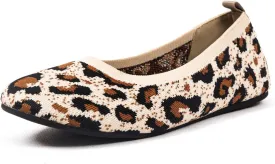 Womens Ballet Flat Shoes Knit Shoes Round Toe Slip On Ballerina Walking Flats Shoes Black Leopard Comfortable Shoes