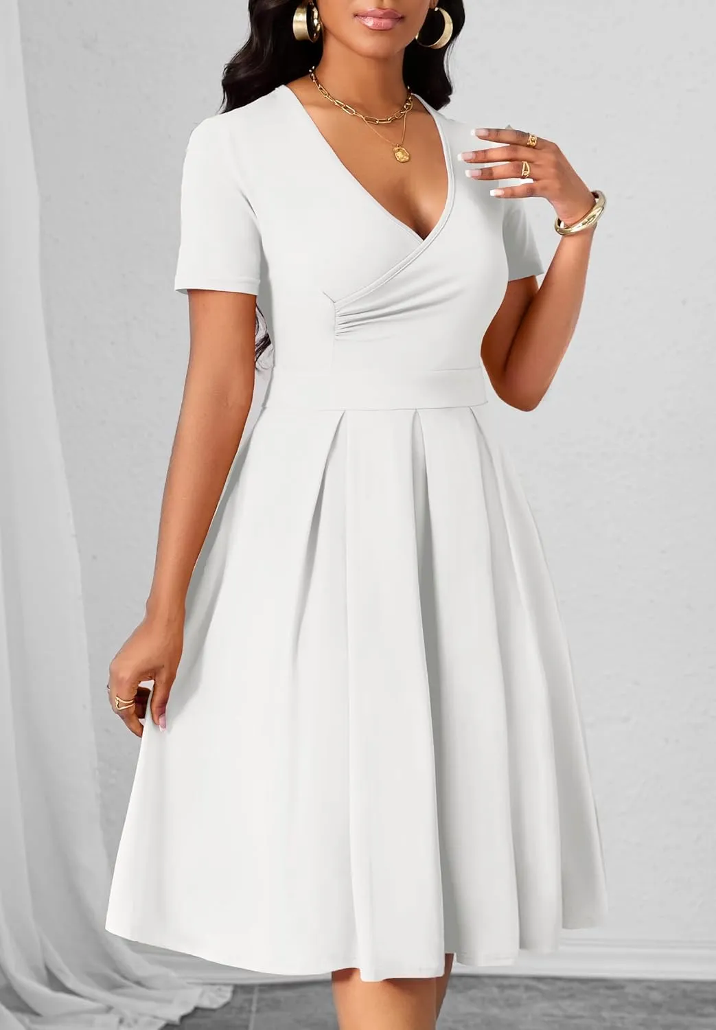 Women's Casual Wrap Dress Wedding Guest Dresses with Pockets Short Sleeve A-Line Swing V-Neck Pleated Dresses