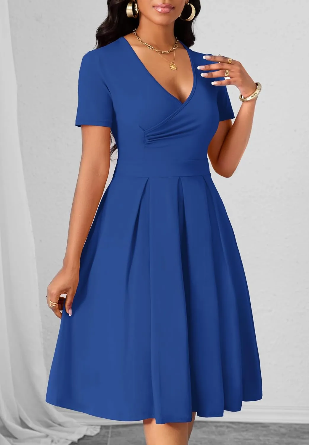 Women's Casual Wrap Dress Wedding Guest Dresses with Pockets Short Sleeve A-Line Swing V-Neck Pleated Dresses