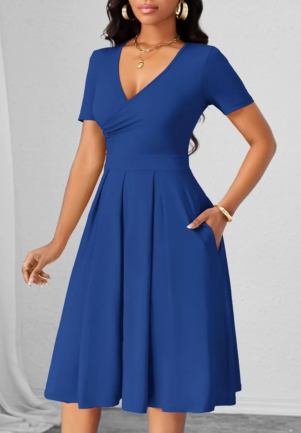 Women's Casual Wrap Dress Wedding Guest Dresses with Pockets Short Sleeve A-Line Swing V-Neck Pleated Dresses