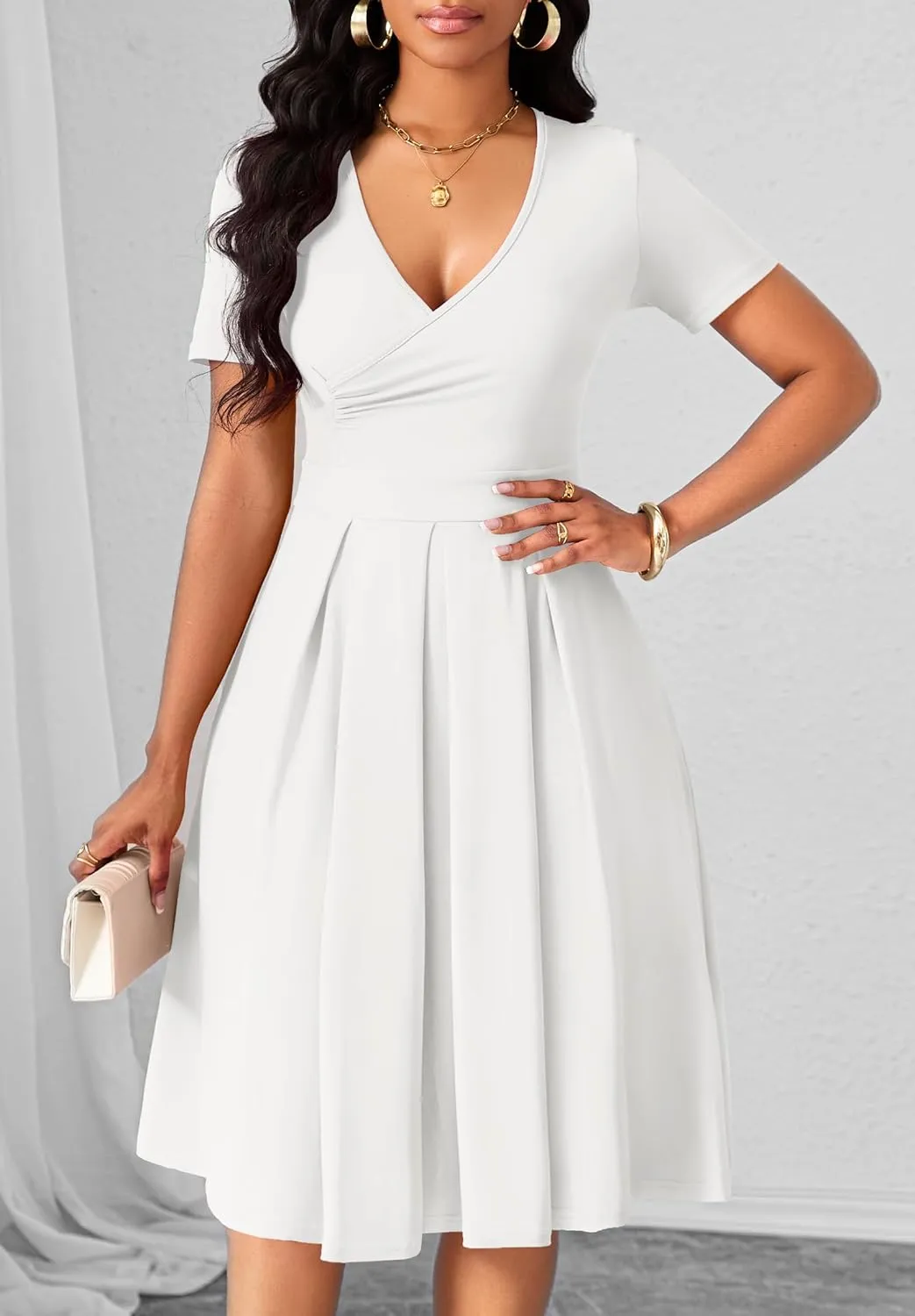 Women's Casual Wrap Dress Wedding Guest Dresses with Pockets Short Sleeve A-Line Swing V-Neck Pleated Dresses