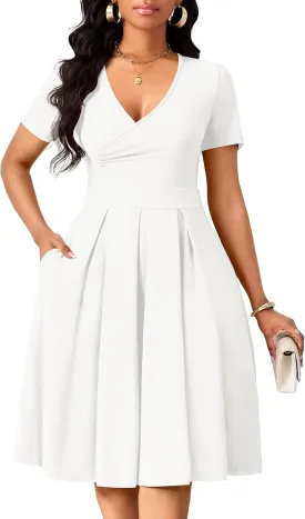 Women's Casual Wrap Dress Wedding Guest Dresses with Pockets Short Sleeve A-Line Swing V-Neck Pleated Dresses