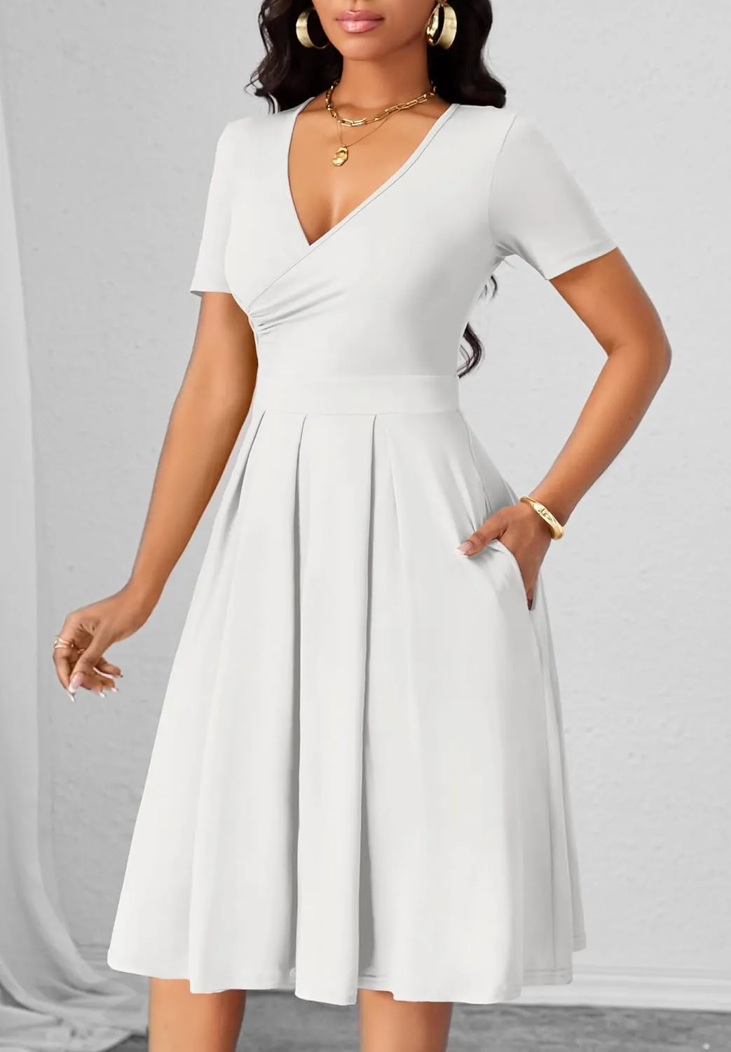 Women's Casual Wrap Dress Wedding Guest Dresses with Pockets Short Sleeve A-Line Swing V-Neck Pleated Dresses