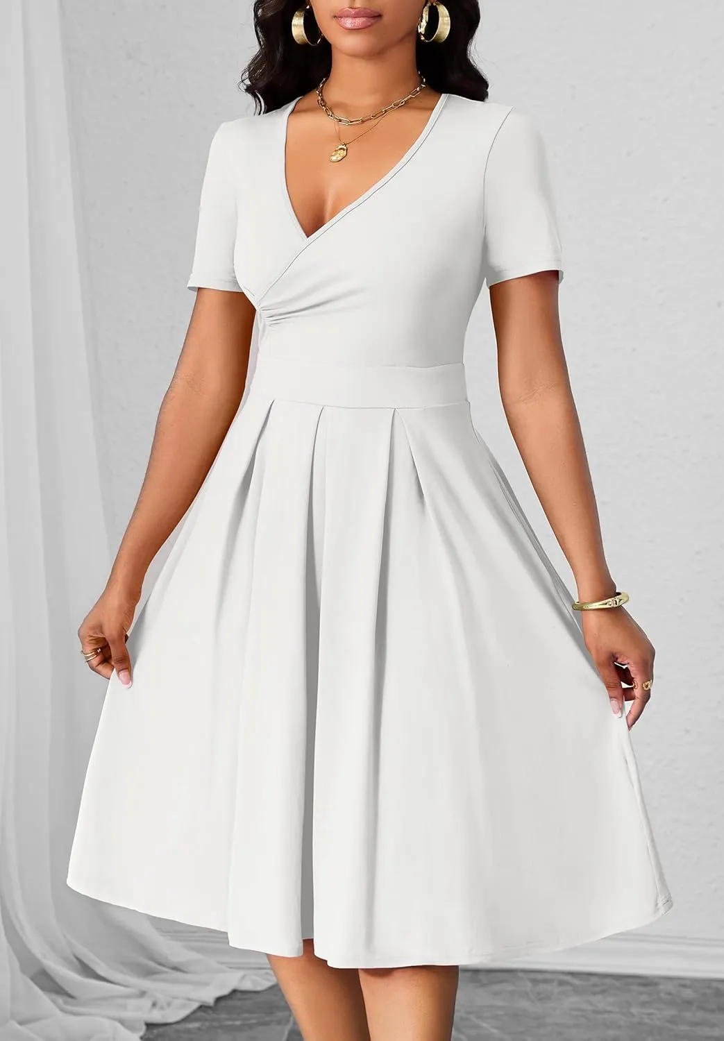 Women's Casual Wrap Dress Wedding Guest Dresses with Pockets Short Sleeve A-Line Swing V-Neck Pleated Dresses