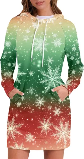 Women's Fall Christmas Tree Snowflake Print Long Sleeve Tops Round Neck Patchwork Sweatshirt Hooded Dresses