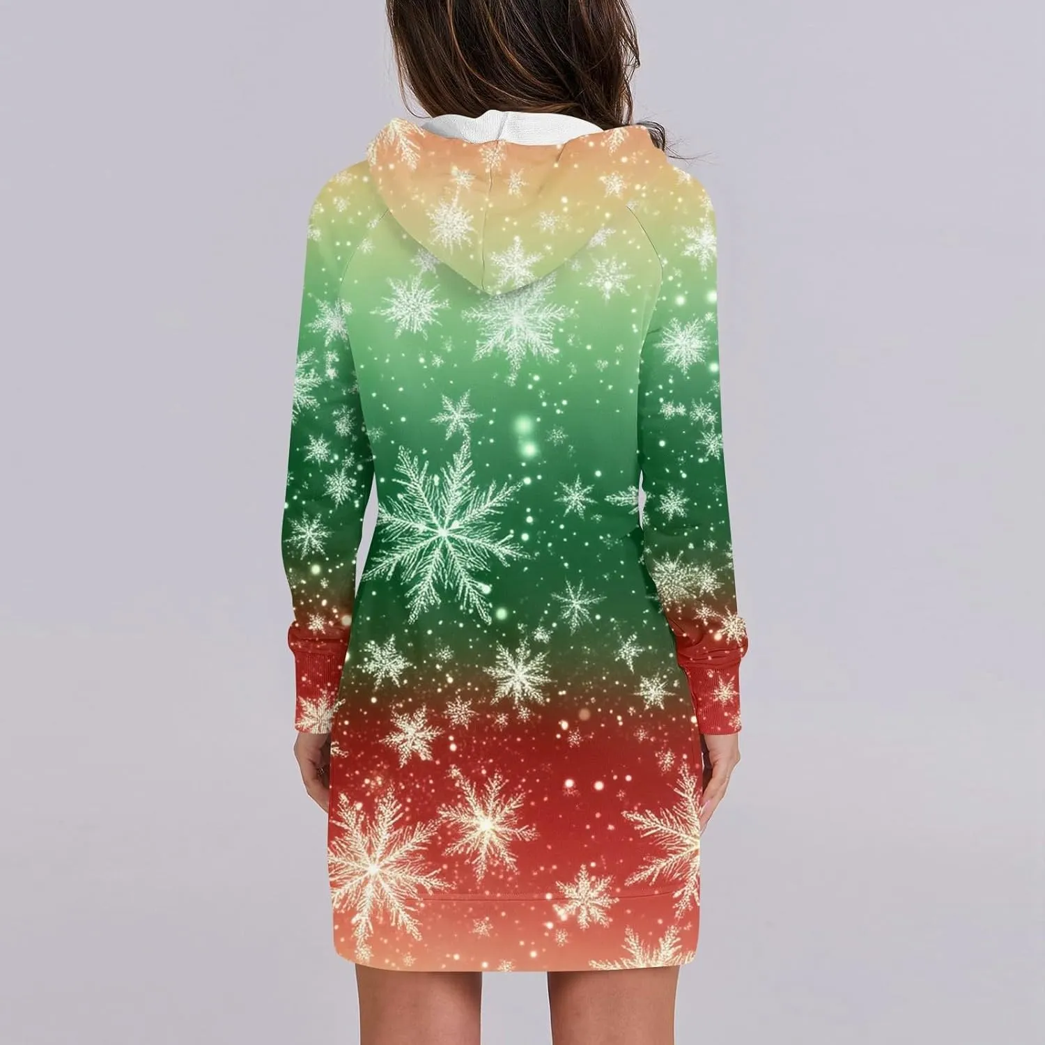 Women's Fall Christmas Tree Snowflake Print Long Sleeve Tops Round Neck Patchwork Sweatshirt Hooded Dresses