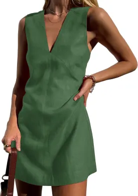 Womens Summer Cotton Linen V Neck Short Dress Sleeveless Mini Dress Casual A Line Tank Sundress