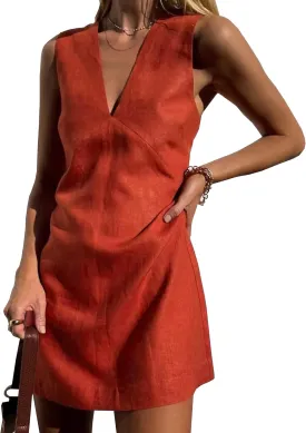 Womens Summer Cotton Linen V Neck Short Dress Sleeveless Mini Dress Casual A Line Tank Sundress