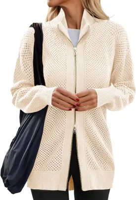 Women's Turtleneck Zip Up Cardigan Sweaters Oversized Drop Shoulder Long Sleeve Casual Solid Mesh Knit Jumper Tops