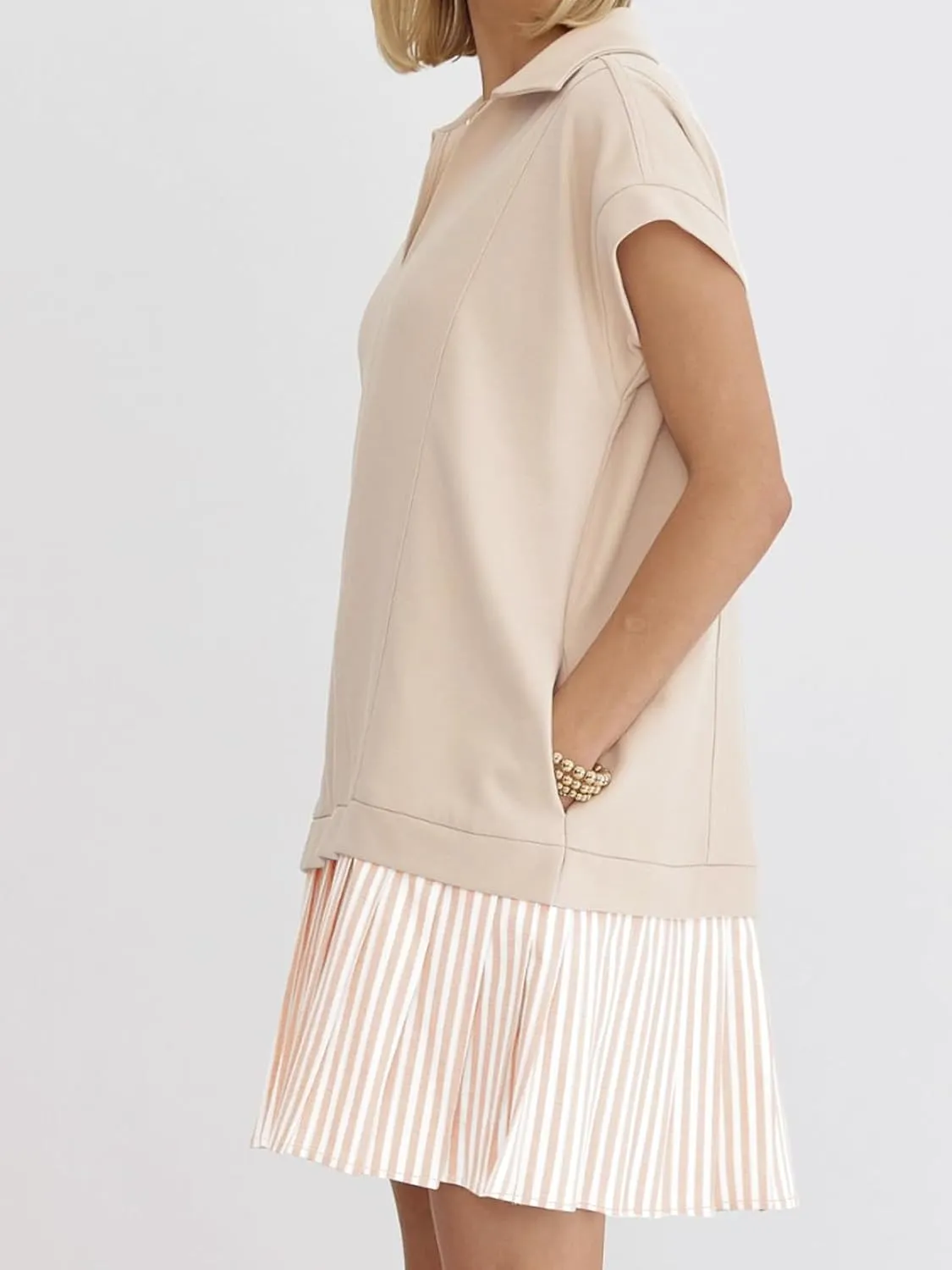 Women's V Neck Short Sleeve Summer Dress Patchwork Cap Sleeve Casual Loose Fit Pleated Striped Shirt Dress with Pockets
