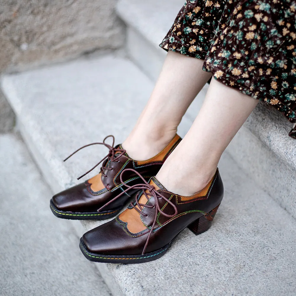 Zalor Brown Vintage Block Heel Oxfords Pump