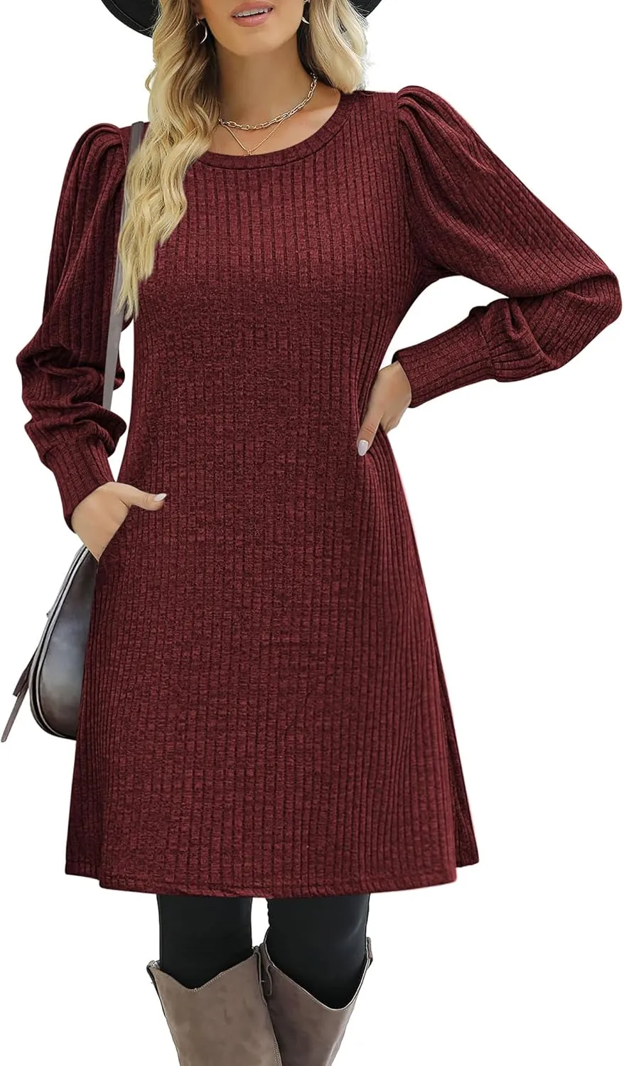 Zeagoo Women's Knit Dress with Puff Sleeves for Fall & Winter - Round Neck Casual Tunic Dress