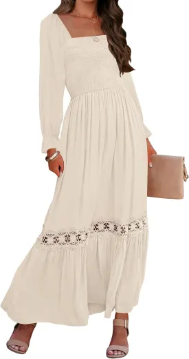 ZESICA Women's 2025 Boho Long Sleeve Square Neck Smocked High Waist Flowy A Line Lace Trim Maxi Dress