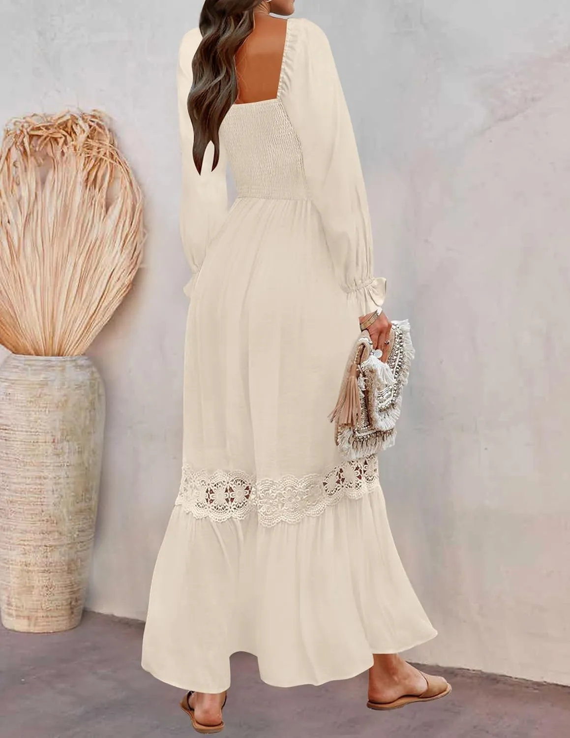 ZESICA Women's 2025 Boho Long Sleeve Square Neck Smocked High Waist Flowy A Line Lace Trim Maxi Dress