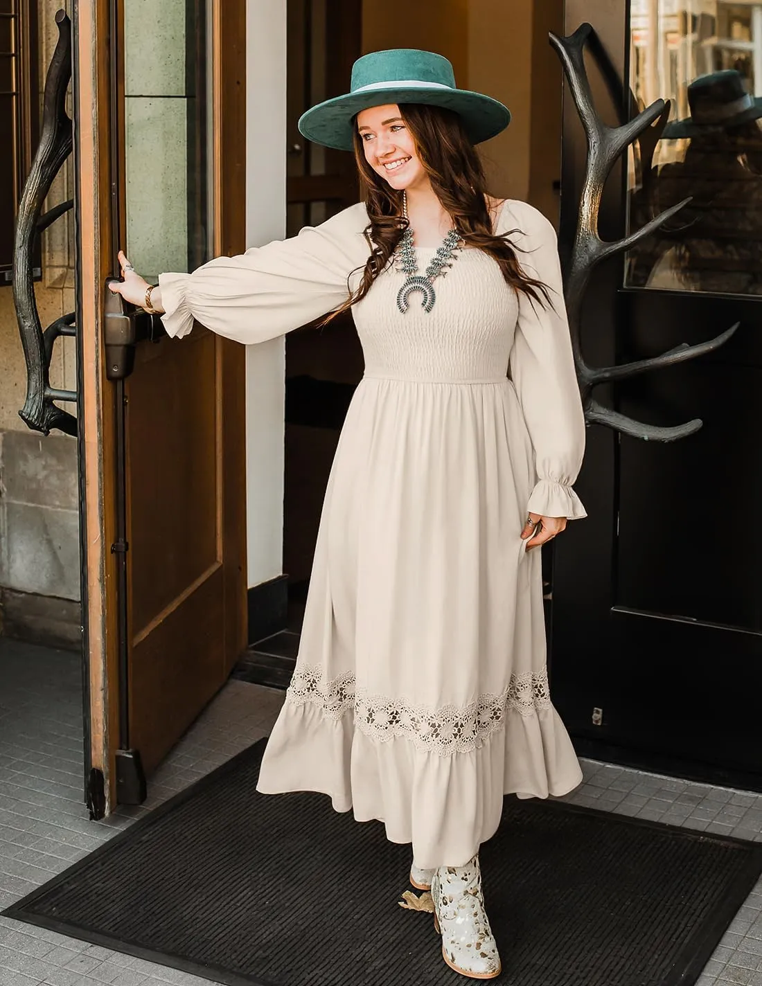 ZESICA Women's 2025 Boho Long Sleeve Square Neck Smocked High Waist Flowy A Line Lace Trim Maxi Dress