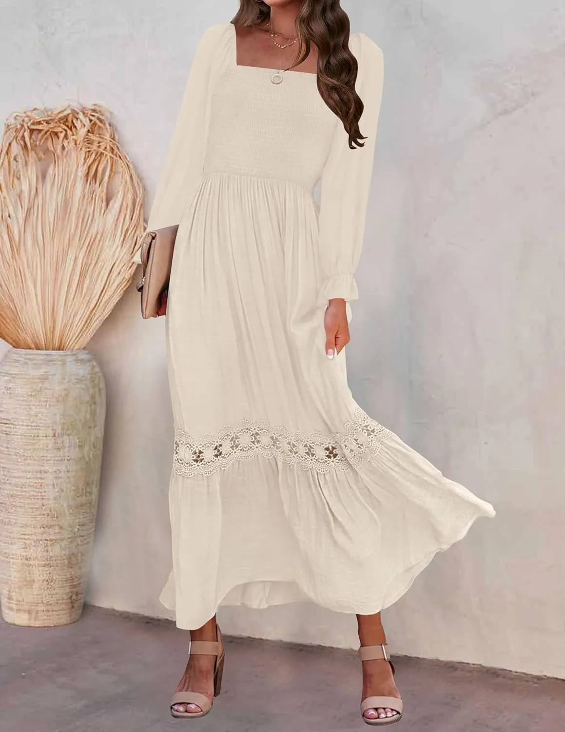 ZESICA Women's 2025 Boho Long Sleeve Square Neck Smocked High Waist Flowy A Line Lace Trim Maxi Dress