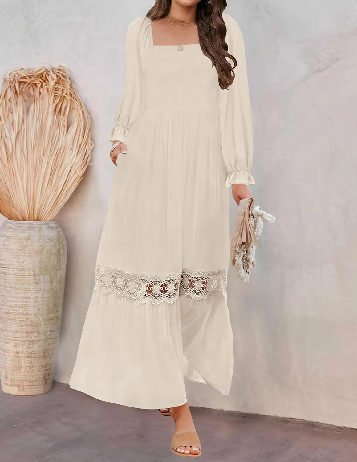 ZESICA Women's 2025 Boho Long Sleeve Square Neck Smocked High Waist Flowy A Line Lace Trim Maxi Dress